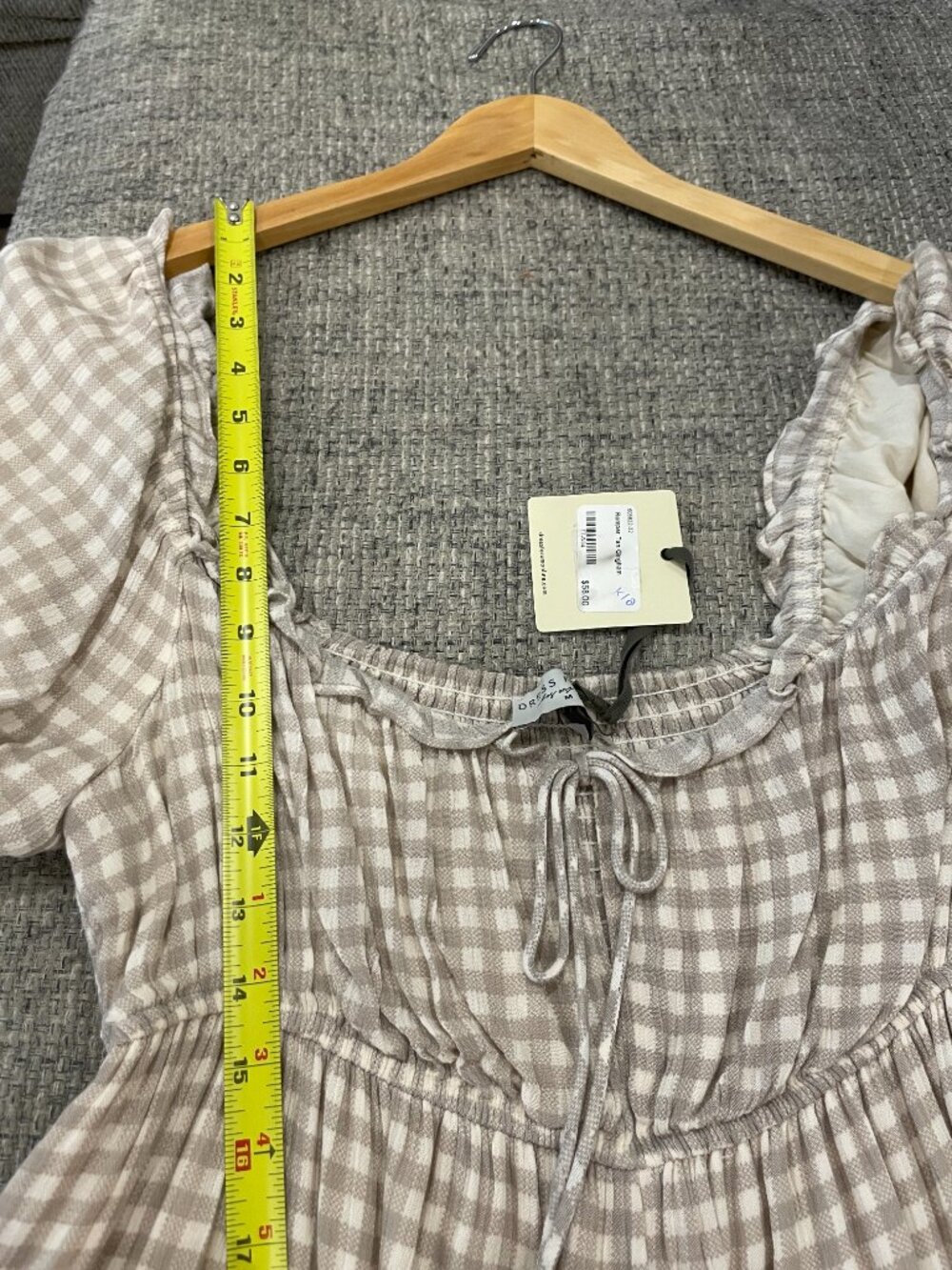 Gingham Babydoll Romper Rouched Back Puff Sleeve Pockets Elastic Waist Milkmaid - Picture 11 of 16